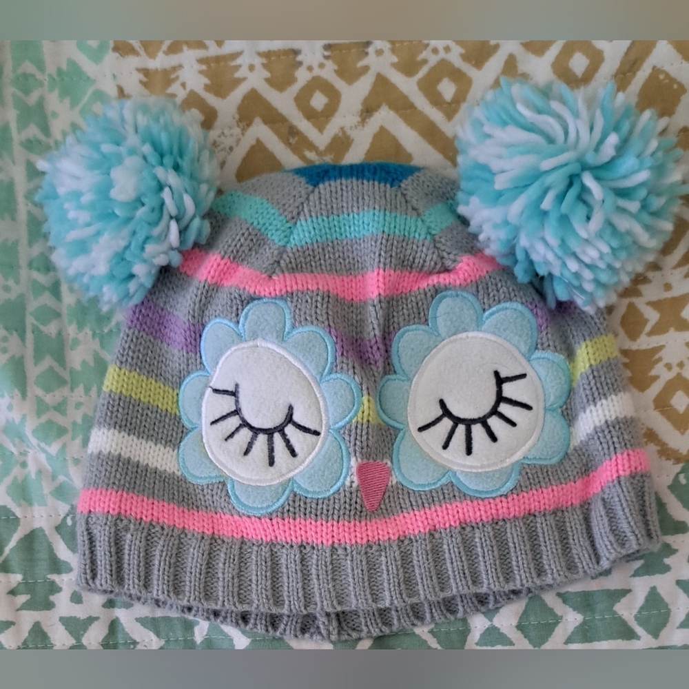Wonderkids Blue and Gray Knit Hat with Playful Pom-Poms